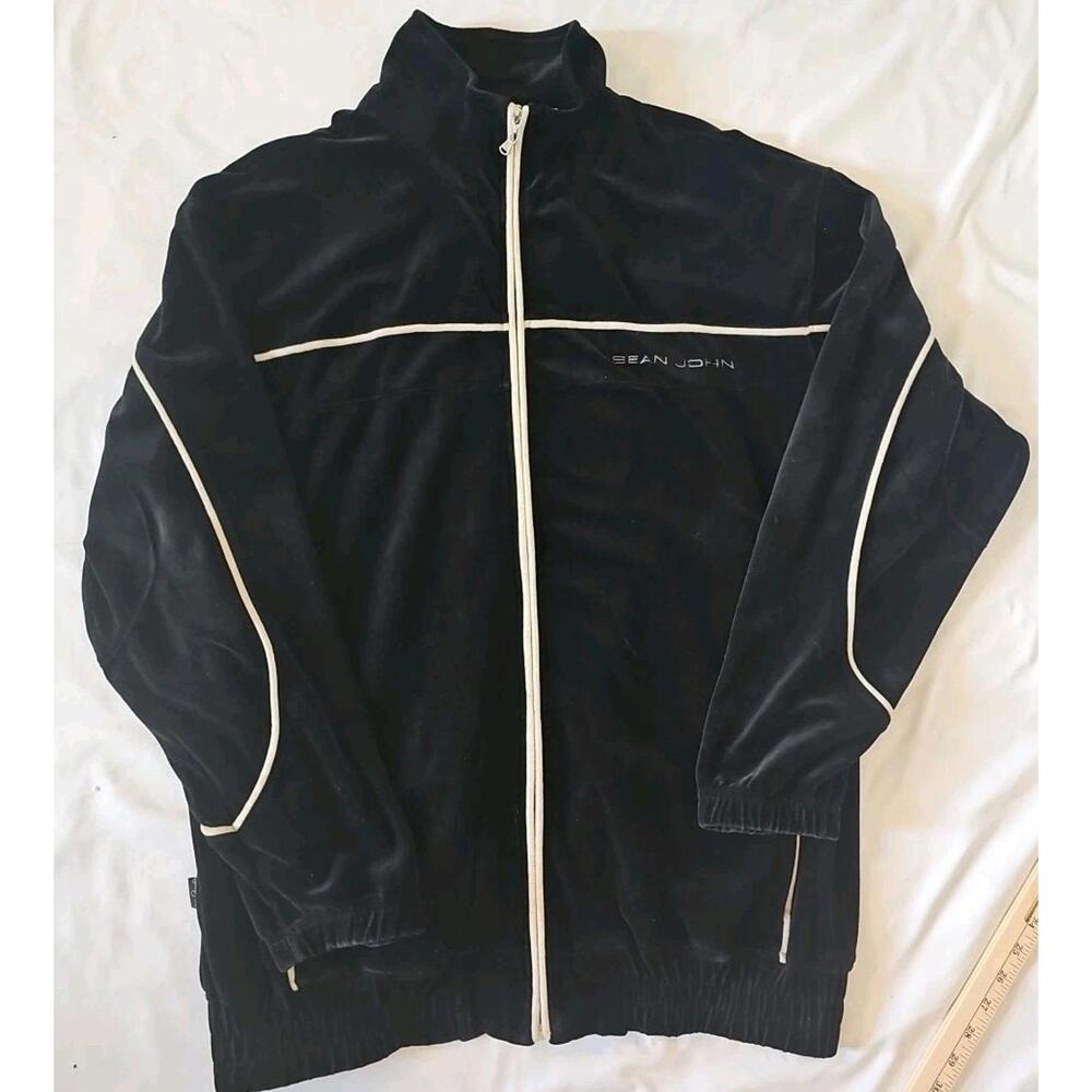 Vintage Sean John Men's Track Jacket XL Black and Cream Velour‎ Velvet Y2K